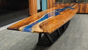 custom wood, resin, metal conference table by Black Magic Metal Art