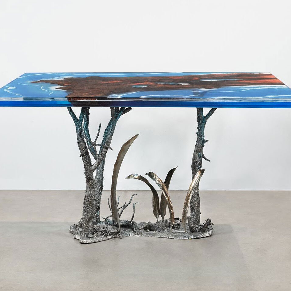Custom metal wood and resin table